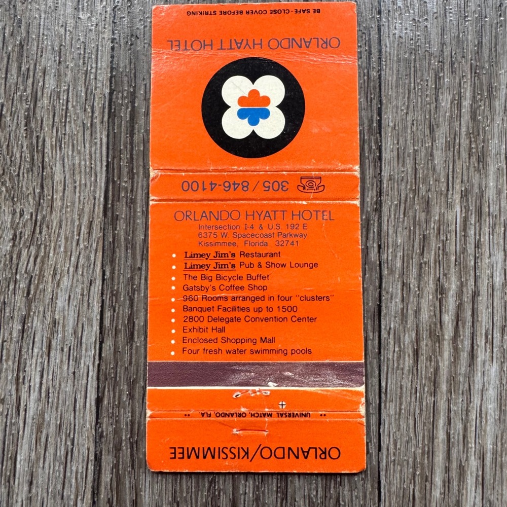 Hyatt Matchbook Cover Orlando Kissimmee Florida Vintage Disney World Area Map